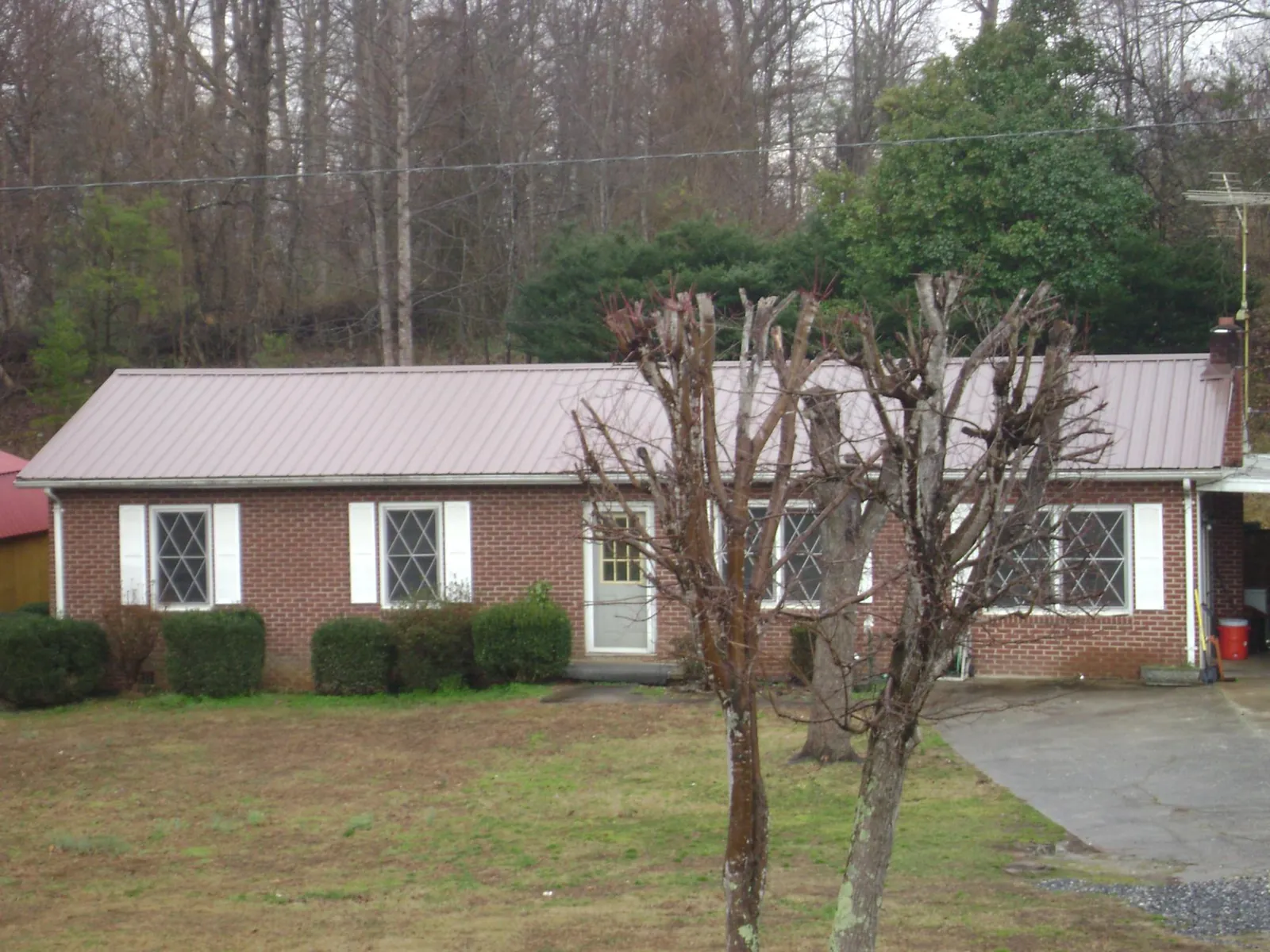 Mauve metal roof on a brick ranch home behind bare trees in Box Springs