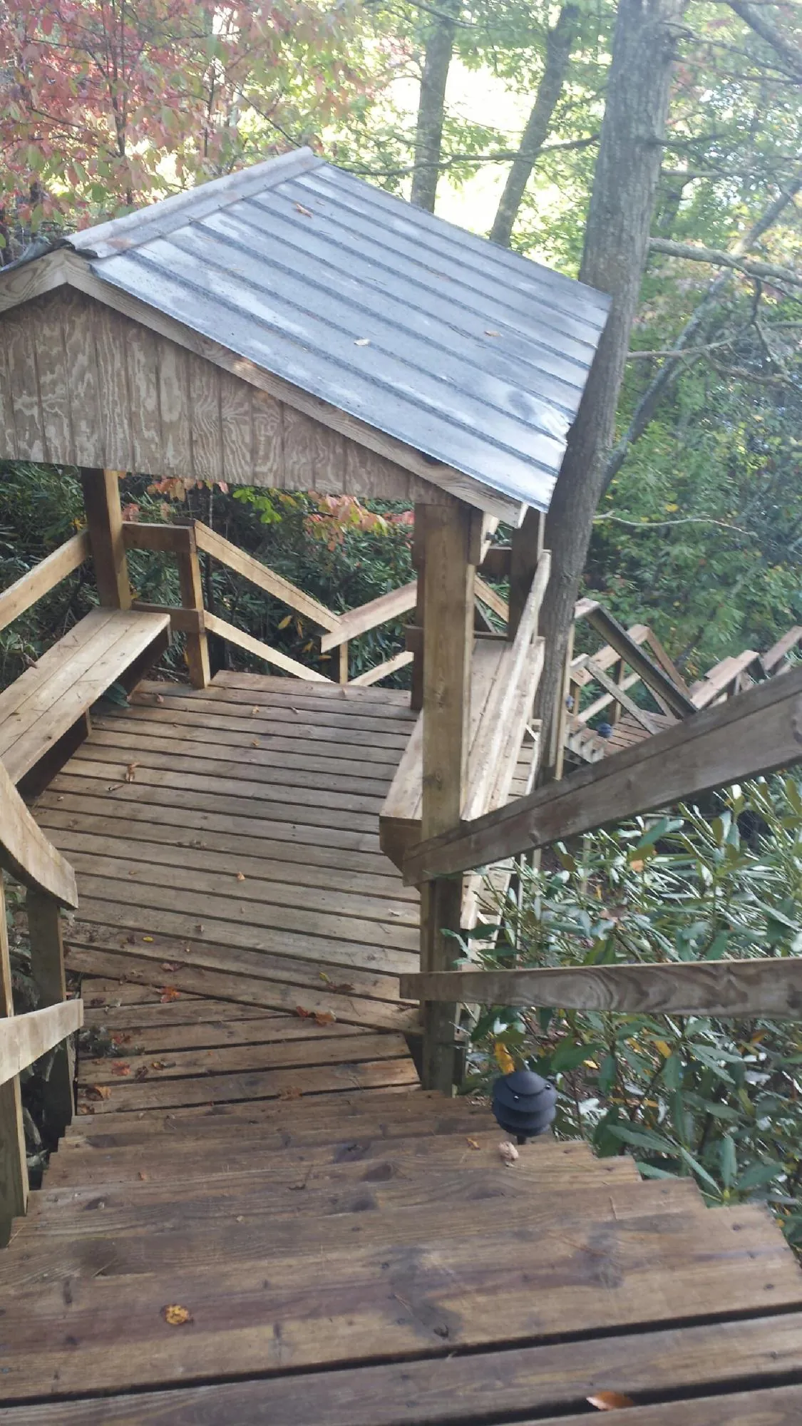 Metal roofed shelter over wooden steps on a wooded walkway — Skylight Repair & Installation work by our crew in Box Springs